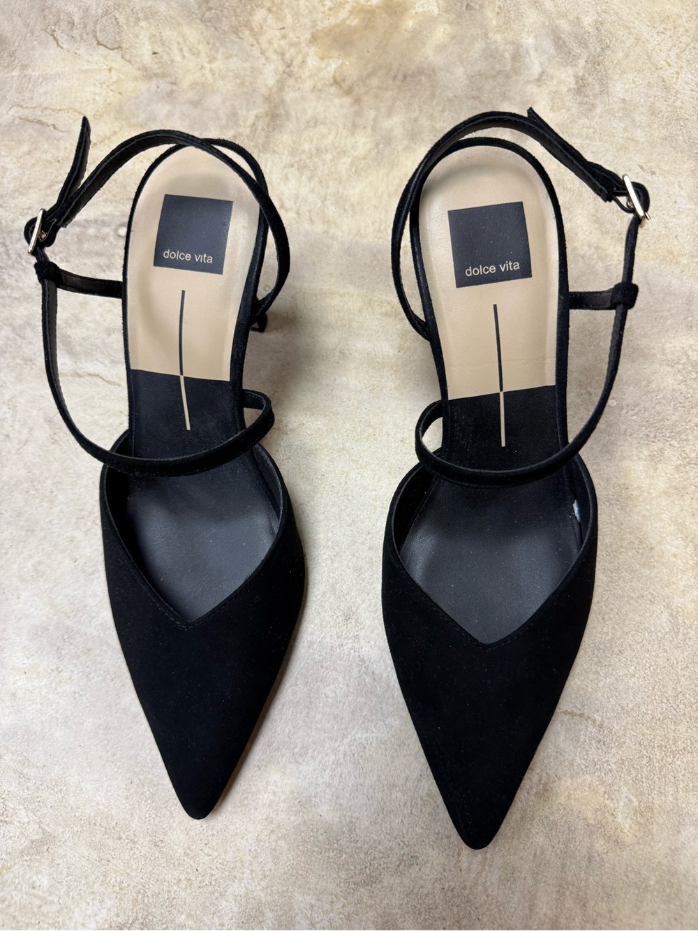 Dolce Vita Kamra Women's Black Suede Pointed Ankle-Strap Heels